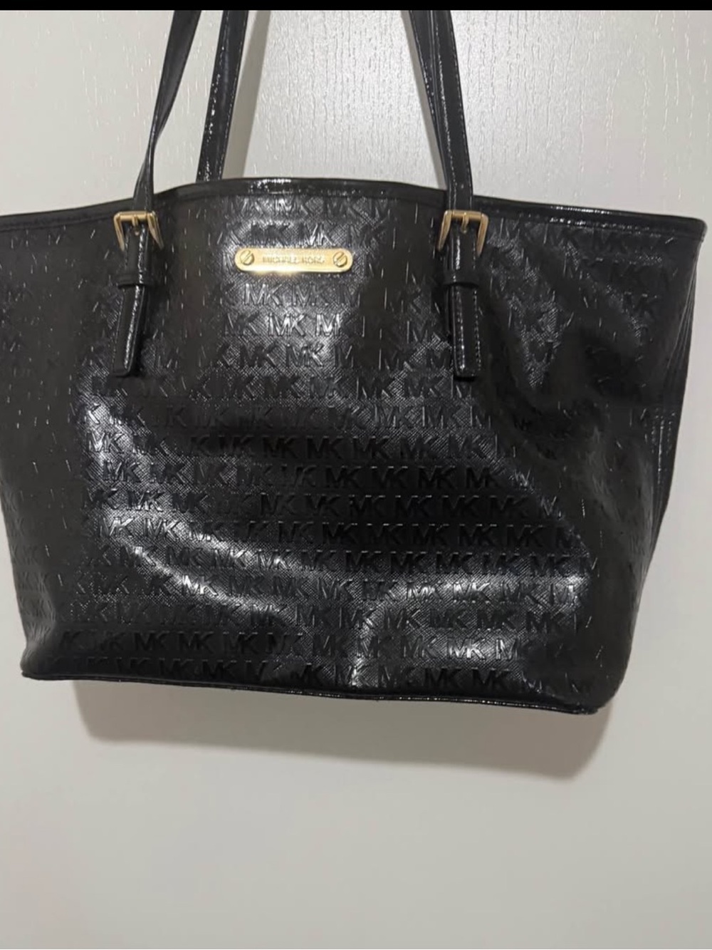 Michael Kors Black Embossed MK Patent Tote with Gold Hardware